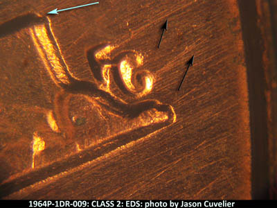 Die-stage A marker on 1964P•1DR•009 (1964 Doubled Die Reverse).