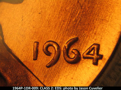 Die-stage A marker on 1964P•1DR•009 (1964 Doubled Die Reverse).