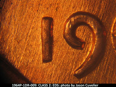 Die-stage A marker on 1964P•1DR•009 (1964 Doubled Die Reverse).