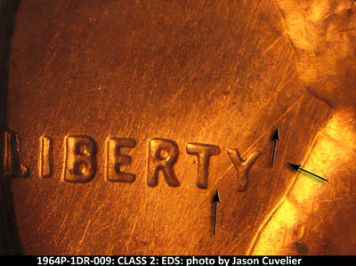 Die-stage A marker on 1964P•1DR•009 (1964 Doubled Die Reverse).