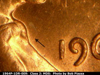 Die-stage B marker on 1964P•1DR•009 (1964 Doubled Die Reverse).