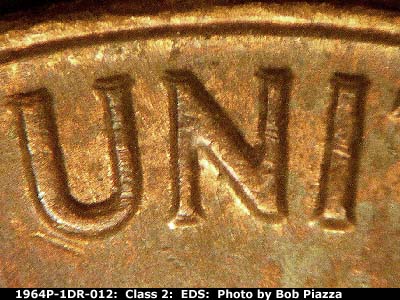 Die-stage A marker on 1964P•1DR•012 (1964 Doubled Die Reverse).