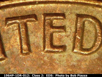 Die-stage A marker on 1964P•1DR•012 (1964 Doubled Die Reverse).