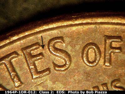 Die-stage A marker on 1964P•1DR•012 (1964 Doubled Die Reverse).