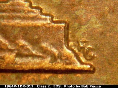 Die-stage A marker on 1964P•1DR•012 (1964 Doubled Die Reverse).