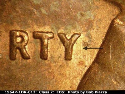 Die-stage A marker on 1964P•1DR•012 (1964 Doubled Die Reverse).