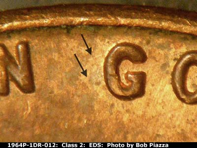 Die-stage A marker on 1964P•1DR•012 (1964 Doubled Die Reverse).