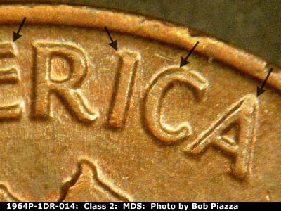 Die-stage B marker on 1964P•1DR•014 (1964 Doubled Die Reverse).