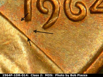 Die-stage B marker on 1964P•1DR•014 (1964 Doubled Die Reverse).