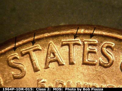 Die-stage B marker on 1964P•1DR•015 (1964 Doubled Die Reverse).