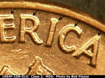 Die-stage B marker on 1964P•1DR•015 (1964 Doubled Die Reverse).