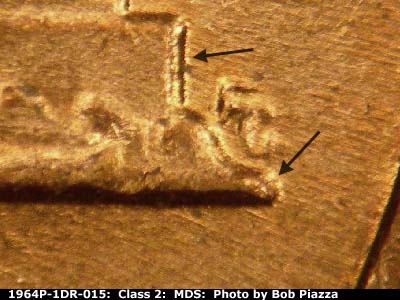 Die-stage B marker on 1964P•1DR•015 (1964 Doubled Die Reverse).