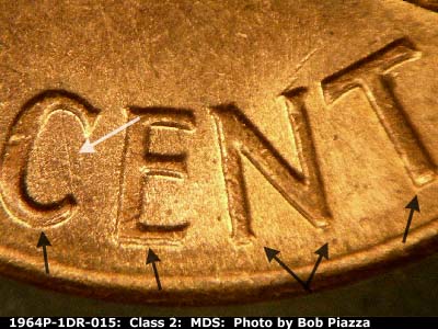 Die-stage B marker on 1964P•1DR•015 (1964 Doubled Die Reverse).