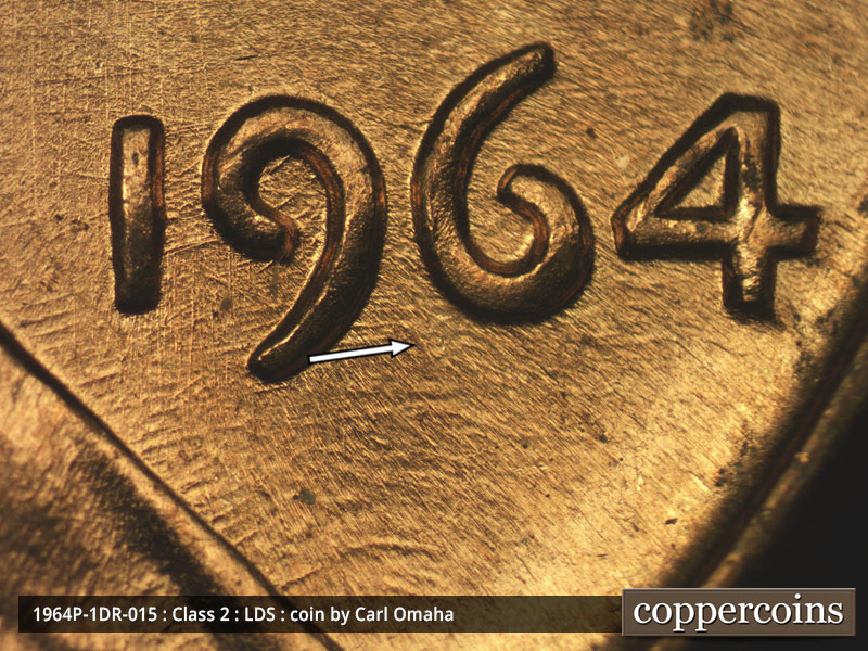 Die-stage C marker on 1964P•1DR•015 (1964 Doubled Die Reverse).
