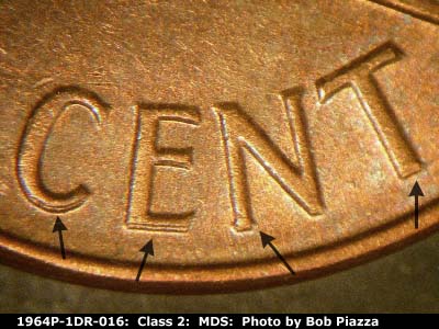Die-stage B marker on 1964P•1DR•016 (1964 Doubled Die Reverse).