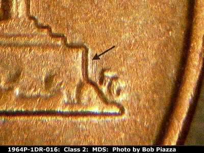 Die-stage B marker on 1964P•1DR•016 (1964 Doubled Die Reverse).