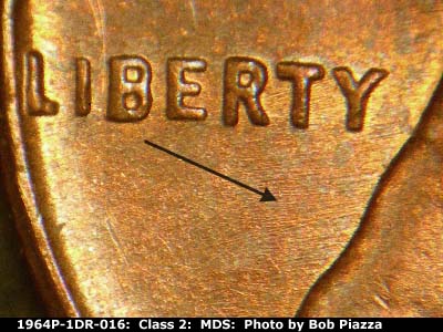Die-stage B marker on 1964P•1DR•016 (1964 Doubled Die Reverse).