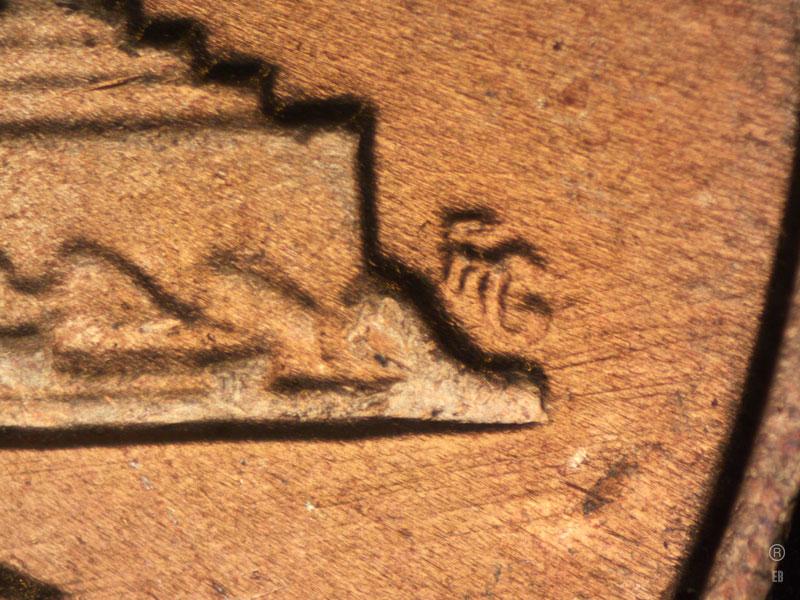 Die-stage B marker on 1964P•1DR•025 (1964 Doubled Die Reverse).