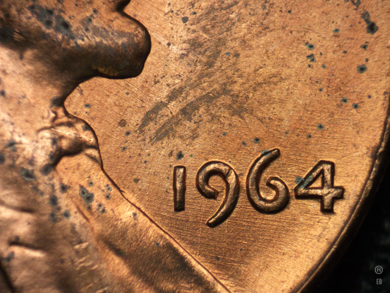Die-stage B marker on 1964P•1DR•025 (1964 Doubled Die Reverse).
