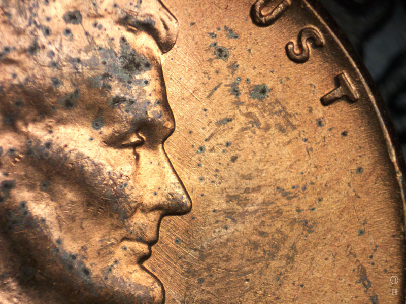 Die-stage B marker on 1964P•1DR•025 (1964 Doubled Die Reverse).