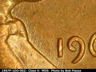 Die-stage B marker on 1967P•1DO•002 (1967 Doubled Die Obverse).