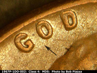 Die-stage B marker on 1967P•1DO•002 (1967 Doubled Die Obverse).