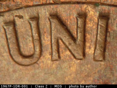1967 Lincoln cent obverse, CopperCoins die 1967P•1DR•001.