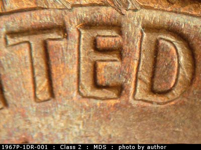 Die-stage B marker on 1967P•1DR•001 (1967 Doubled Die Reverse).