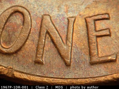 Die-stage B marker on 1967P•1DR•001 (1967 Doubled Die Reverse).