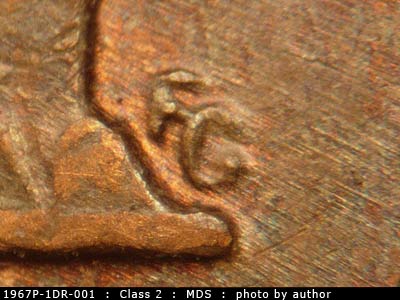 Die-stage B marker on 1967P•1DR•001 (1967 Doubled Die Reverse).
