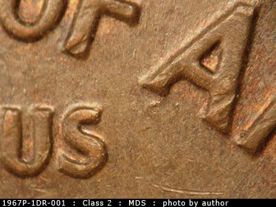 Die-stage B marker on 1967P•1DR•001 (1967 Doubled Die Reverse).