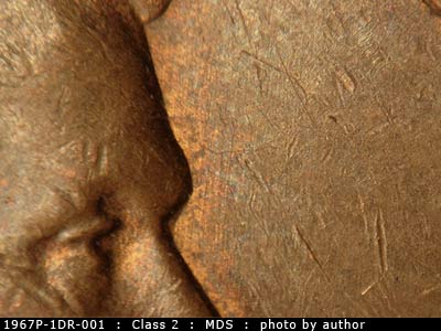 Die-stage B marker on 1967P•1DR•001 (1967 Doubled Die Reverse).