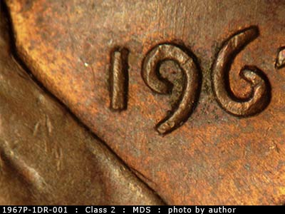 Die-stage B marker on 1967P•1DR•001 (1967 Doubled Die Reverse).