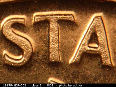 Die-stage B marker on 1967P•1DR•002 (1967 Doubled Die Reverse).