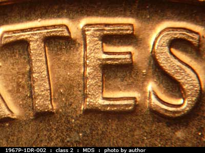 Die-stage B marker on 1967P•1DR•002 (1967 Doubled Die Reverse).