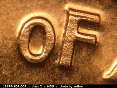 Die-stage B marker on 1967P•1DR•002 (1967 Doubled Die Reverse).