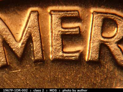 Die-stage B marker on 1967P•1DR•002 (1967 Doubled Die Reverse).