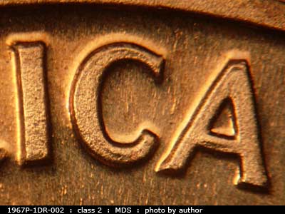 Die-stage B marker on 1967P•1DR•002 (1967 Doubled Die Reverse).