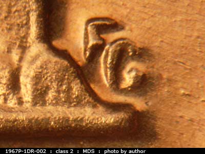 Die-stage B marker on 1967P•1DR•002 (1967 Doubled Die Reverse).
