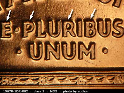 Die-stage B marker on 1967P•1DR•002 (1967 Doubled Die Reverse).