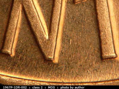 Die-stage B marker on 1967P•1DR•002 (1967 Doubled Die Reverse).