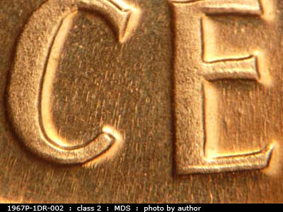 Die-stage B marker on 1967P•1DR•002 (1967 Doubled Die Reverse).