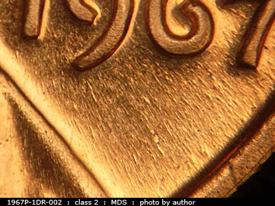 Die-stage B marker on 1967P•1DR•002 (1967 Doubled Die Reverse).