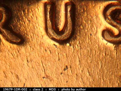 Die-stage B marker on 1967P•1DR•002 (1967 Doubled Die Reverse).