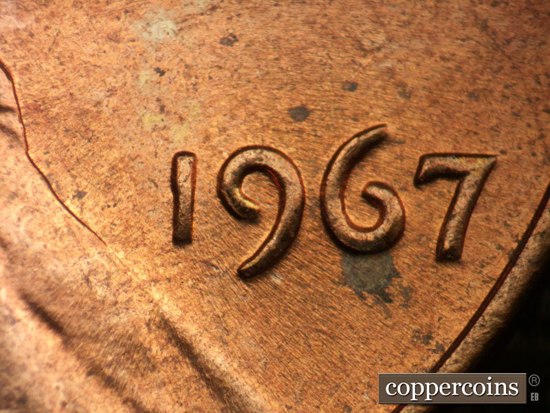 Die-stage B marker on 1967P•1DR•003 (1967 Doubled Die Reverse).