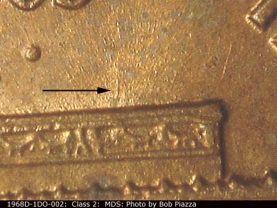 Die-stage B marker on 1968D•1DO•002 (1968 Doubled Die Obverse).