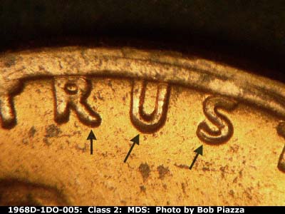 Die-stage B marker on 1968D•1DO•005 (1968 Doubled Die Obverse).