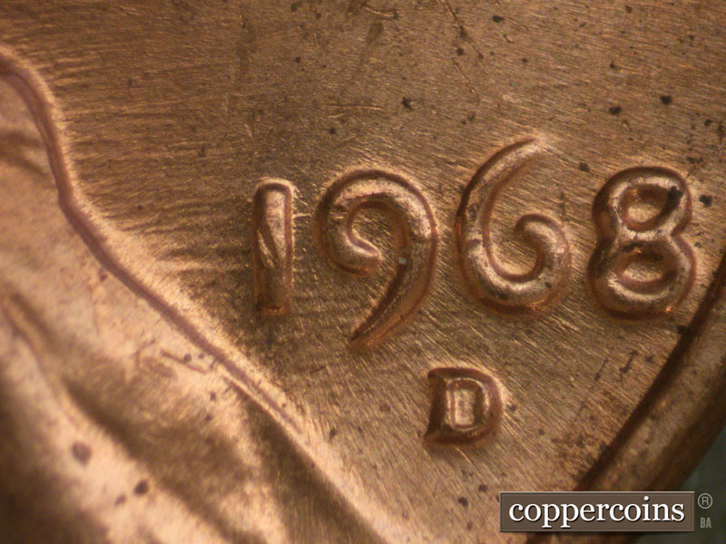 Die-stage C marker on 1968D•1MM•002 (1968 Repunched Mint Mark).