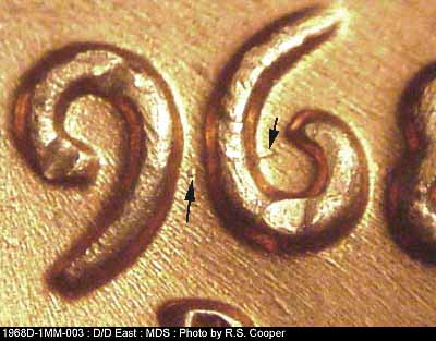 Die-stage B marker on 1968D•1MM•003 (1968 Repunched Mint Mark).