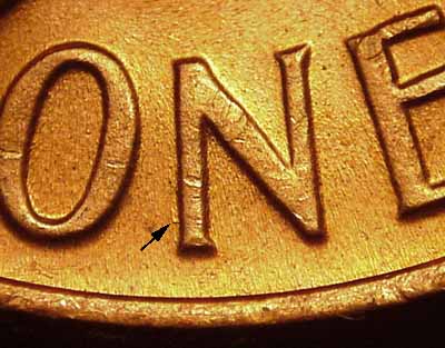 Die-stage B marker on 1968D•1MM•003 (1968 Repunched Mint Mark).